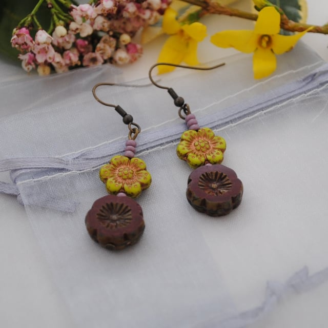 Deep red & chartreuse peony flower earrings
