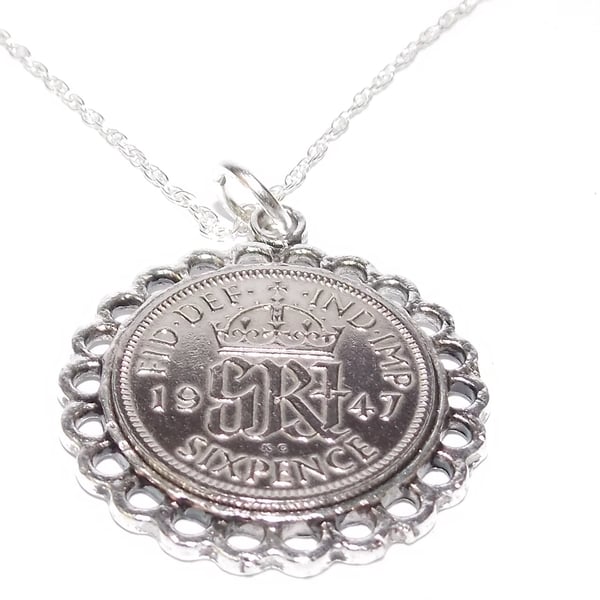 Fine Pendant 1947 Lucky sixpence 77th Birthday plus a Sterling Silver 18in Chain