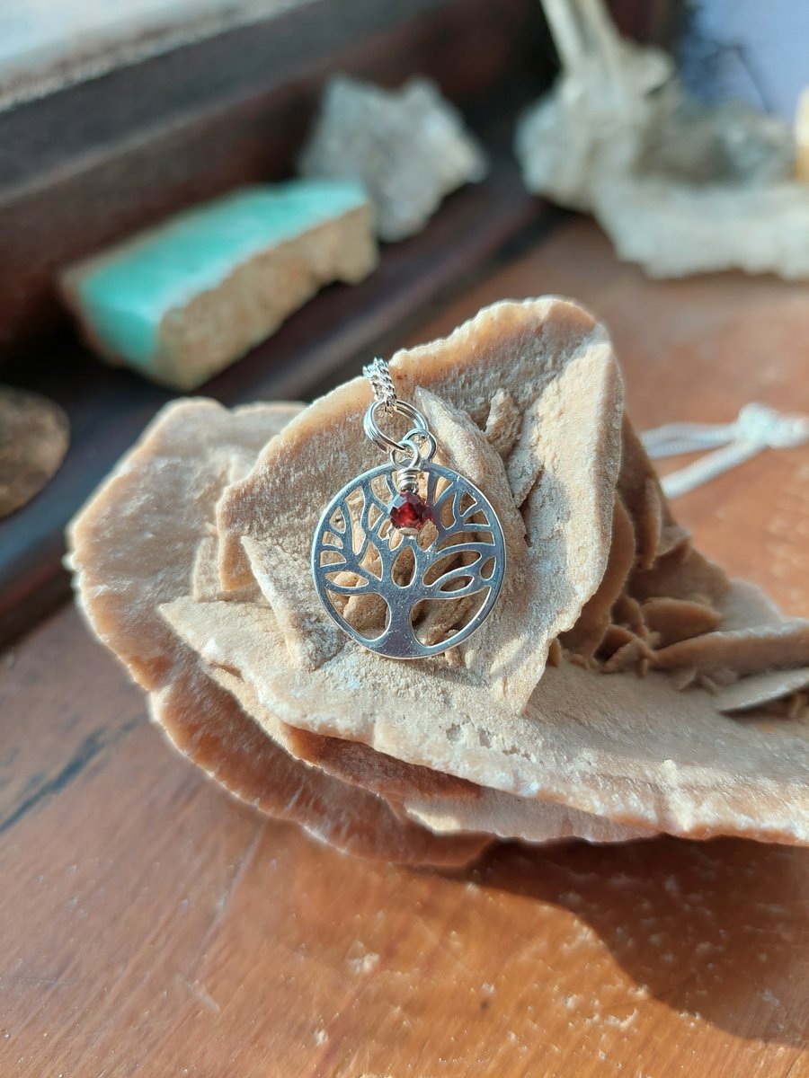 Sterling Silver and Garnet Tree of Life Necklace - January Birthstone