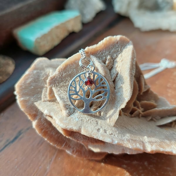 Sterling Silver and Garnet Tree of Life Necklace - January Birthstone