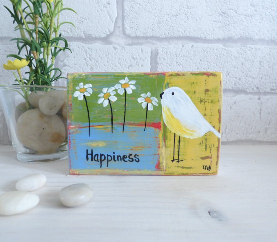 Happiness, Original Acrylic Bird Painting, Small Wooden block Art 