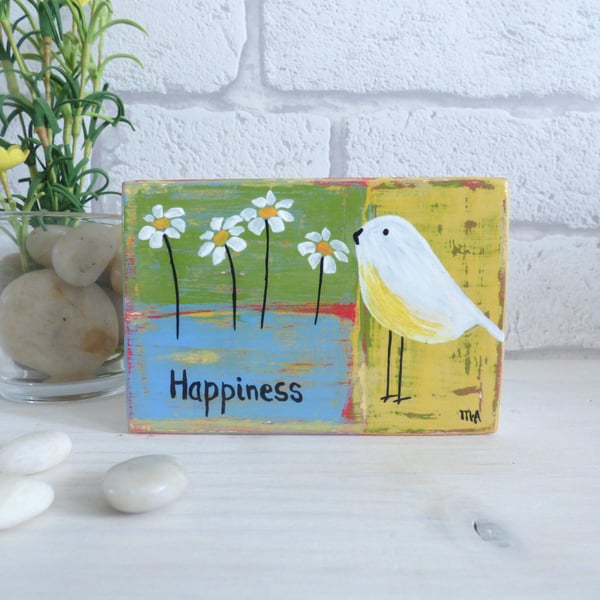 Happiness, Original Acrylic Bird Painting, Small Wooden block Art 