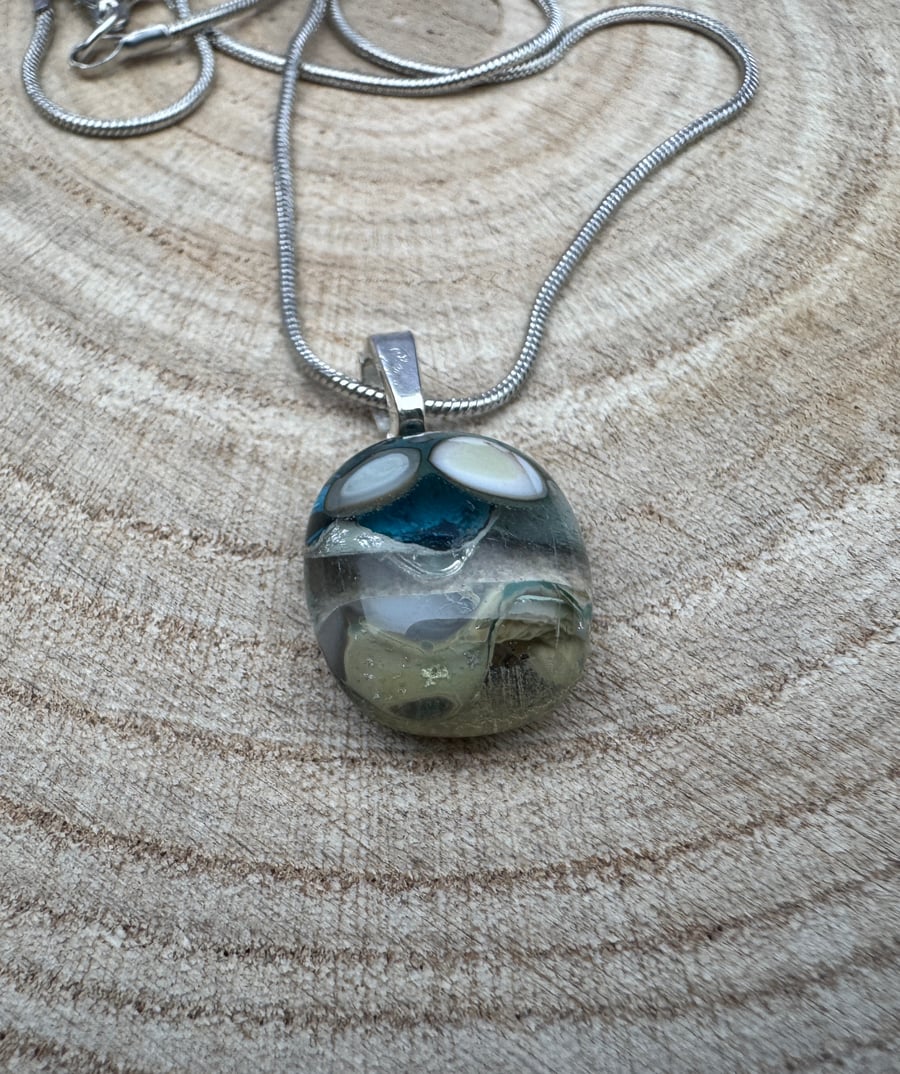 Beautiful Handmade Blue Seascape Inspired Glass Fused Pendant 