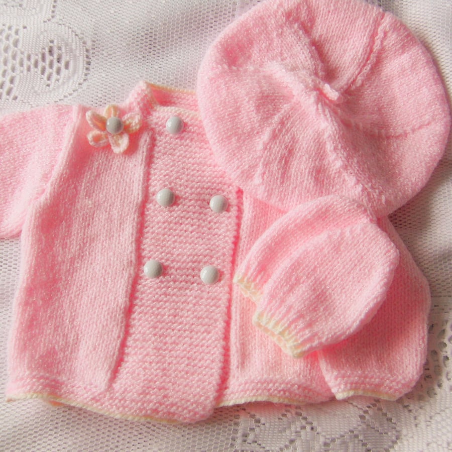 Coat Beret and Mittens Set For A Baby Girl, New Baby Gift, Birthday Gift