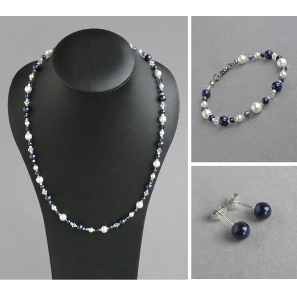 Navy and White Pearl and Crystal Jewellery Set - Dark Blue Beaded Jewellery Sets