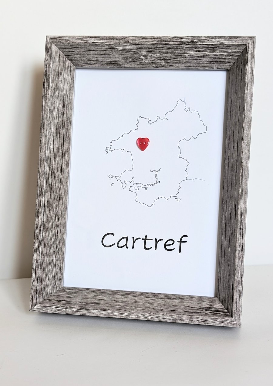 Personalised Pembrokeshire map in a 7 x 5 frame saying "Cartref" Home in Welsh
