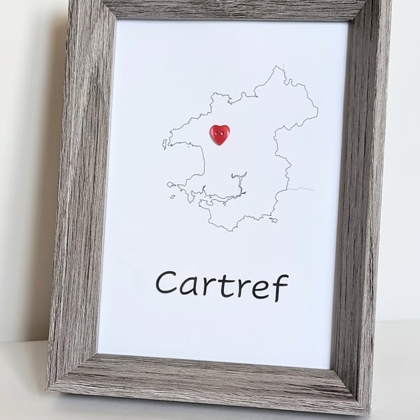 Personalised Pembrokeshire map in a 7 x 5 frame saying "Cartref" Home in Welsh