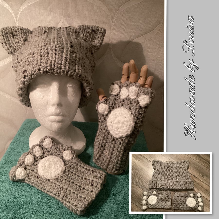 Hat and fingerless paw gloves