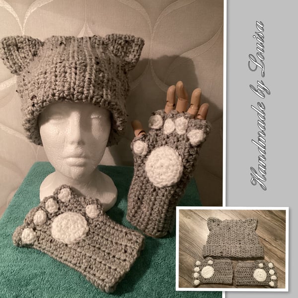 Hat and fingerless paw gloves
