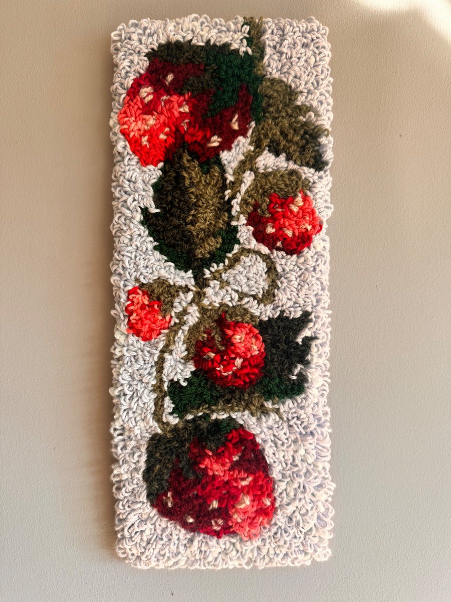 Large strawberry punch needle wall hanging textile art