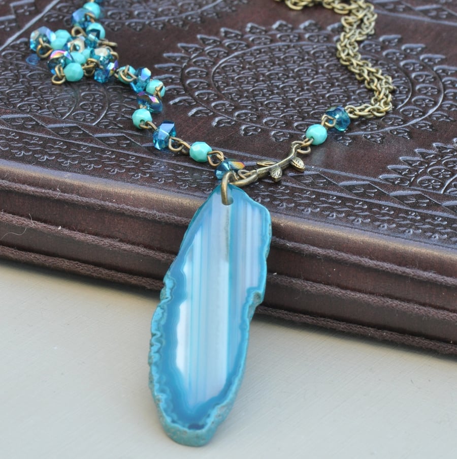 Turquoise Agate Slice Pendant Necklace with Czech & Glass Beads