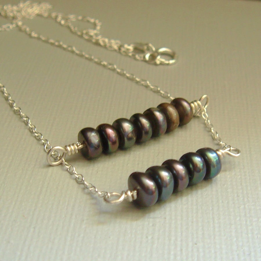 Freshwater Peacock Pearl and Sterling Silver Double Bar Necklace 