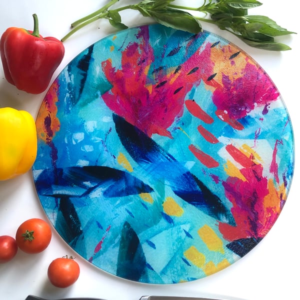 Tropical Seas Colourful Glass Chopping Board,  Round or Rectangular 