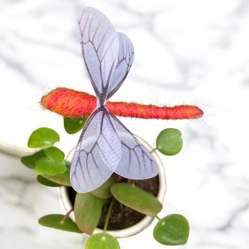 Needle felted orange dragonfly plant stake, house plant decoration, ornament 