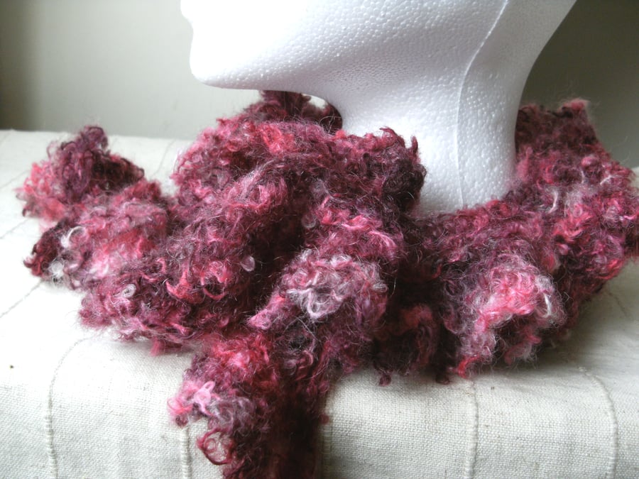 SALE! Long Curly Hand-dyed Mohair Loop Scarf in Dark Reds