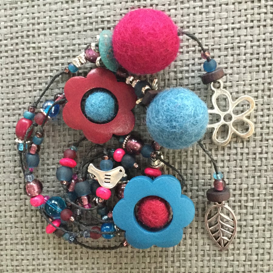 “Grape, blue and hibiscus pink” Hotchpotch lariat necklace