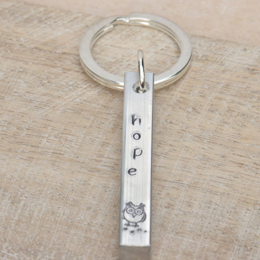 Hope Hand Stamped Aluminium Keyring With Owl Stamp