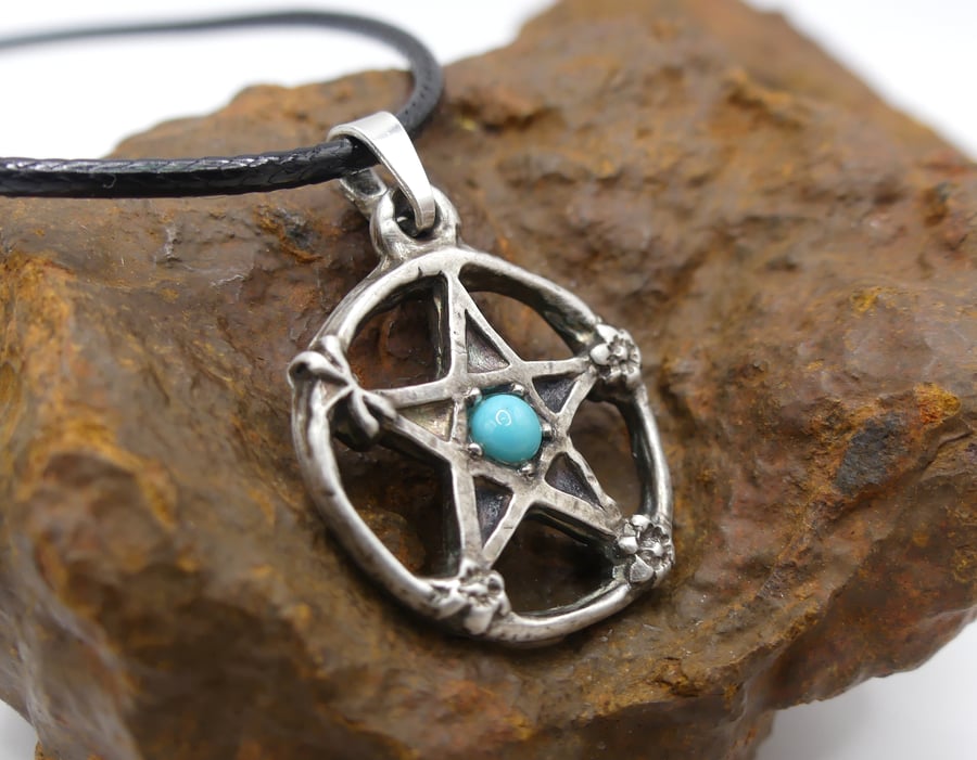Sterling Silver Pentacle Pendant with Dragonfly, Flower & Turquoise Necklace.