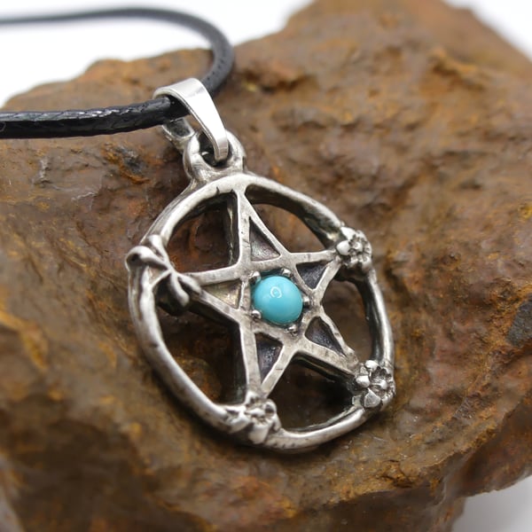 Sterling Silver Pentacle Pendant with Dragonfly, Flower & Turquoise Necklace.