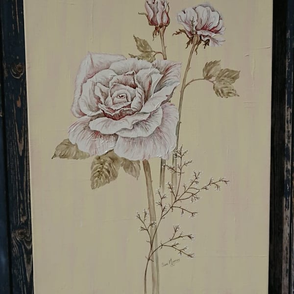 Pink and white painting of roses on canvas with pink and cream background