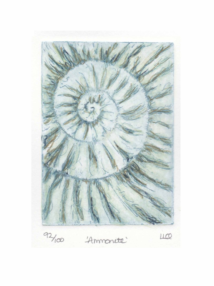 Etching no.92 of an ammonite fossil with mixed media in an edition of 100