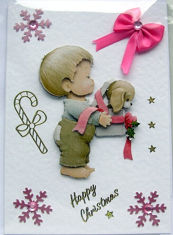 Hand Crafted Decoupage Chistmas Card - Happy Christmas (2513) Boy with Puppy