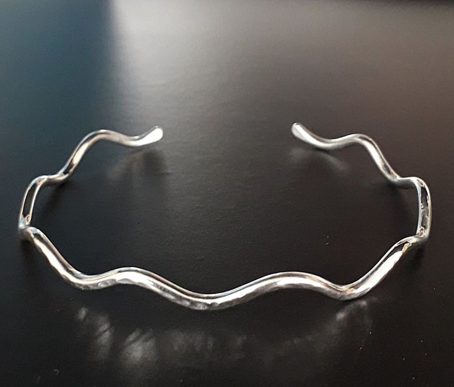 Wave Bangle Adjustable Hammered Cuff Bracelet Sterling Silver ready to post