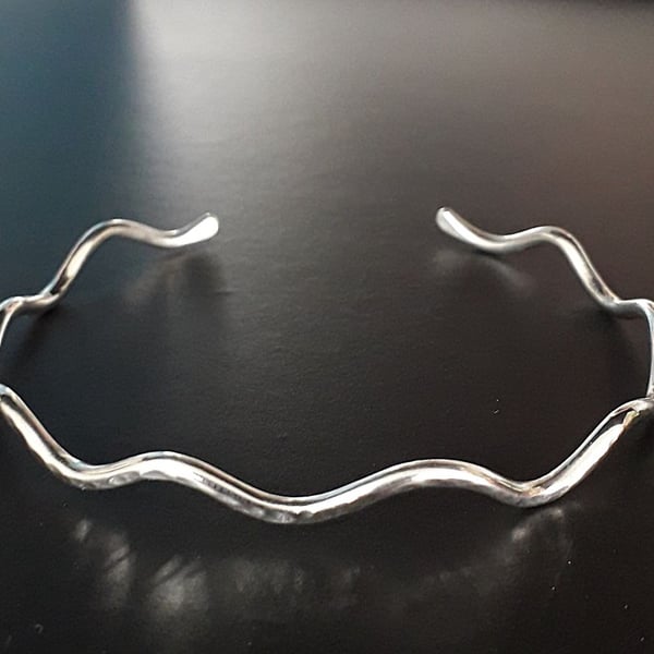 Wave Bangle Adjustable Hammered Cuff Bracelet Sterling Silver ready to post