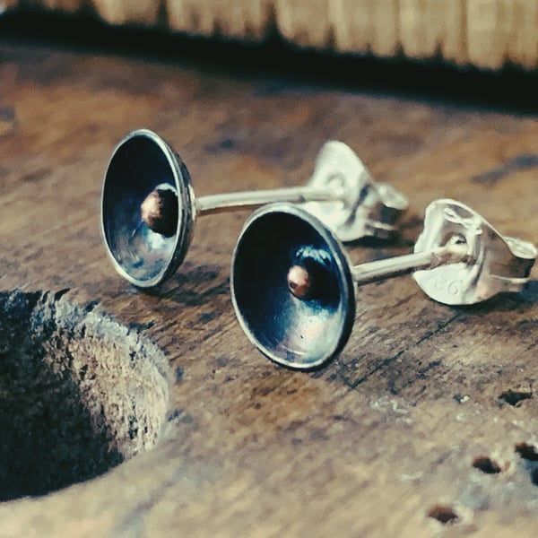 Sterling Silver and Gold Oxidised Stud Earrings by Nyaki Punk Jewellery