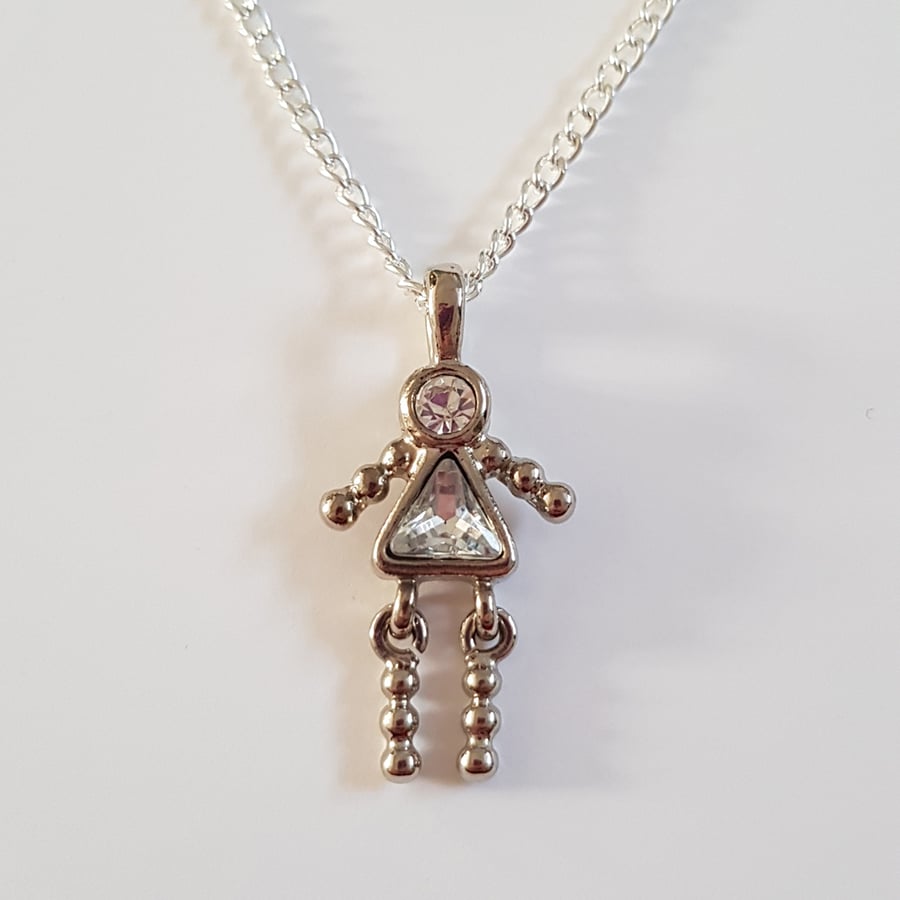 Silver Diamanté Girl Charm Necklace - Rhinestone Pendant with Moving Legs