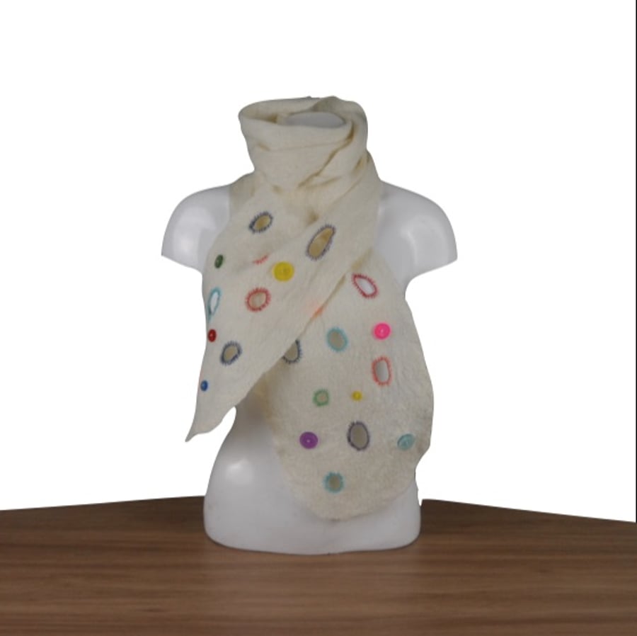 Natural White wet felted scarf with holes and buttons, gift boxed
