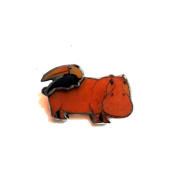 Whimsical Statement Resin Hippo & Toucan Brooch by EllyMental