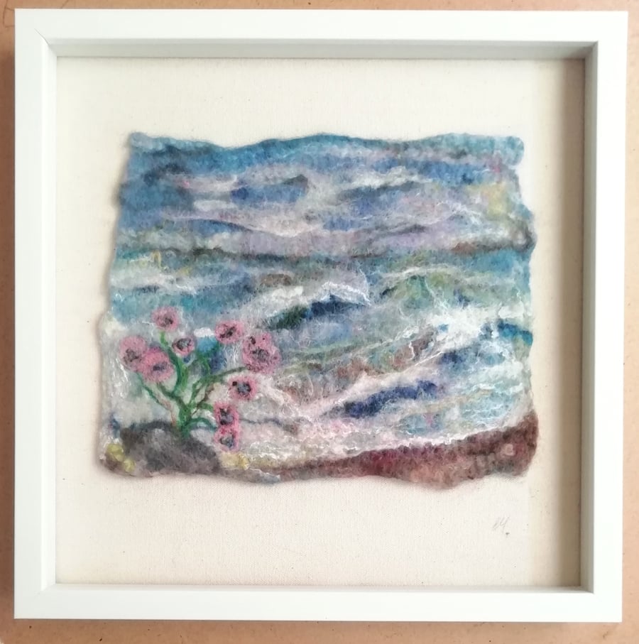 Felted ocean waves and  'sea pinks' art. Box framed