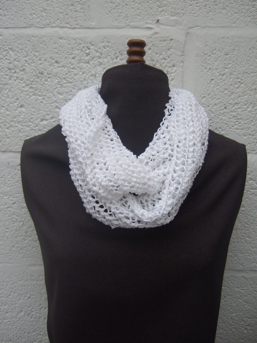 Cowl, White Lacy Hand Knitted, Sale Reduced