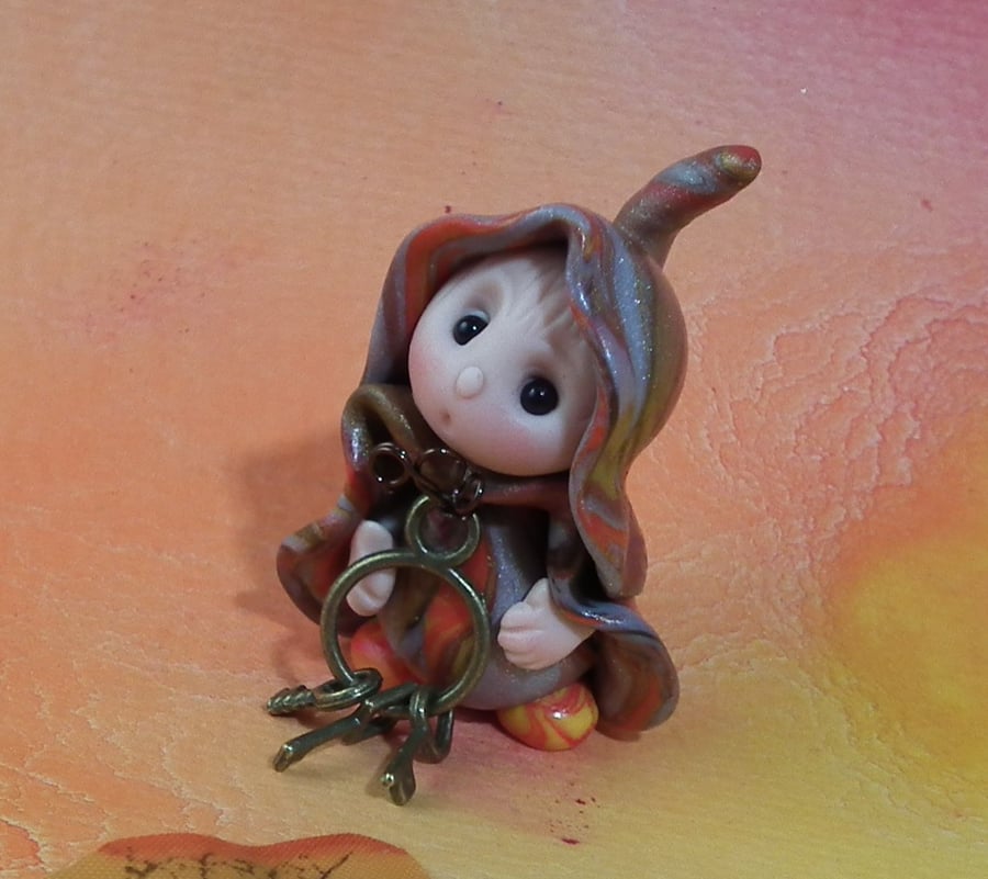 Tiny Treasury Gnome 'Celestine' with keys OOAK Sculpt by Ann Galvin