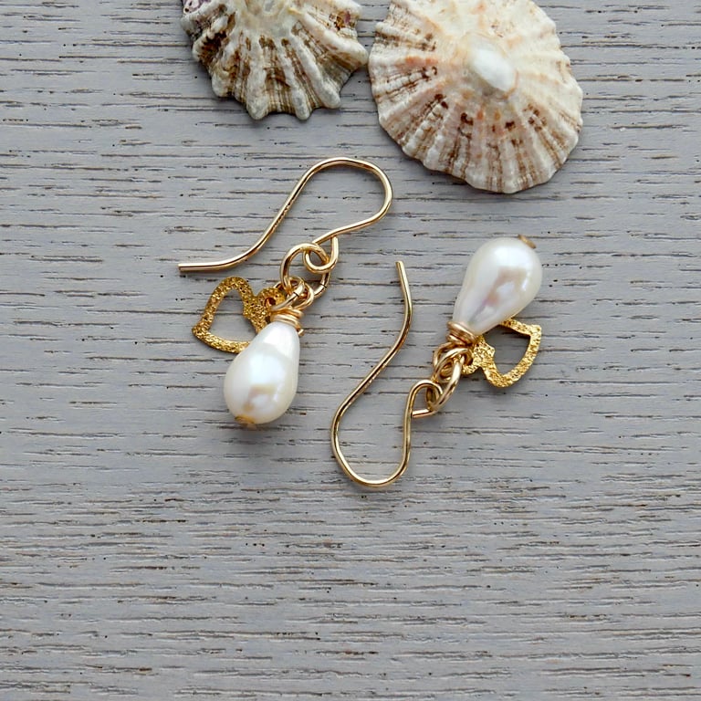 White Pearl Drop Earrings - 14k Gold Filled Heart Charms and Ear Wires
