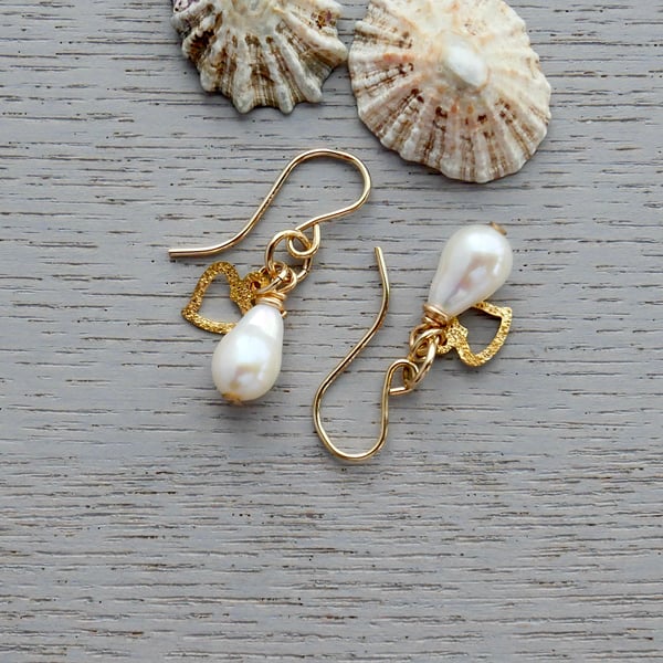 White Pearl Drop Earrings - 14k Gold Filled Heart Charms and Ear Wires
