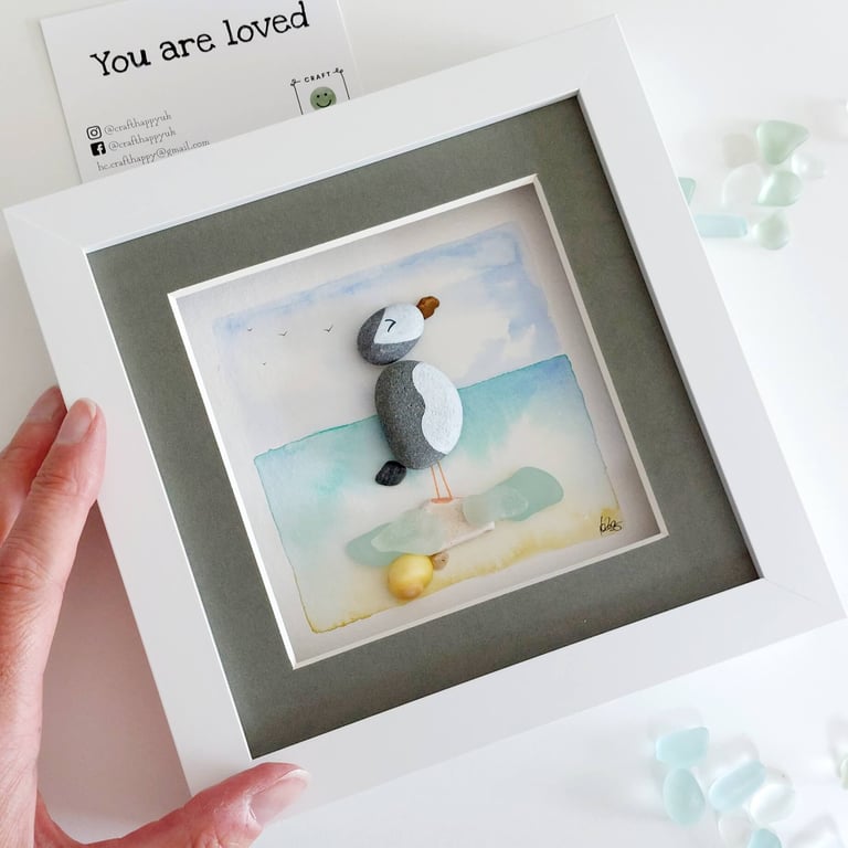 Quirky Pebble Puffin Wall Art - Watercolour Sea Glass Coastal Home Decor