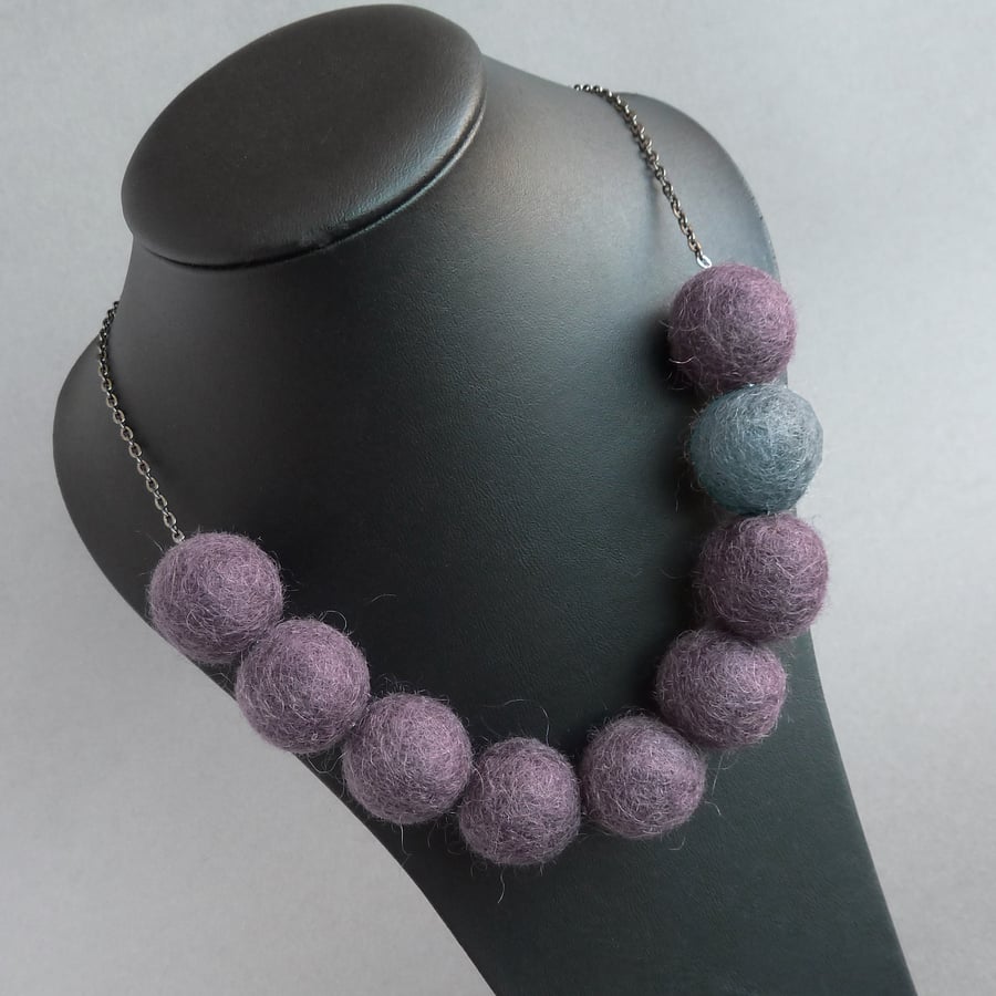 Chunky Purple and Grey Felt Necklace - Amethyst Colour Block Statement Jewellery