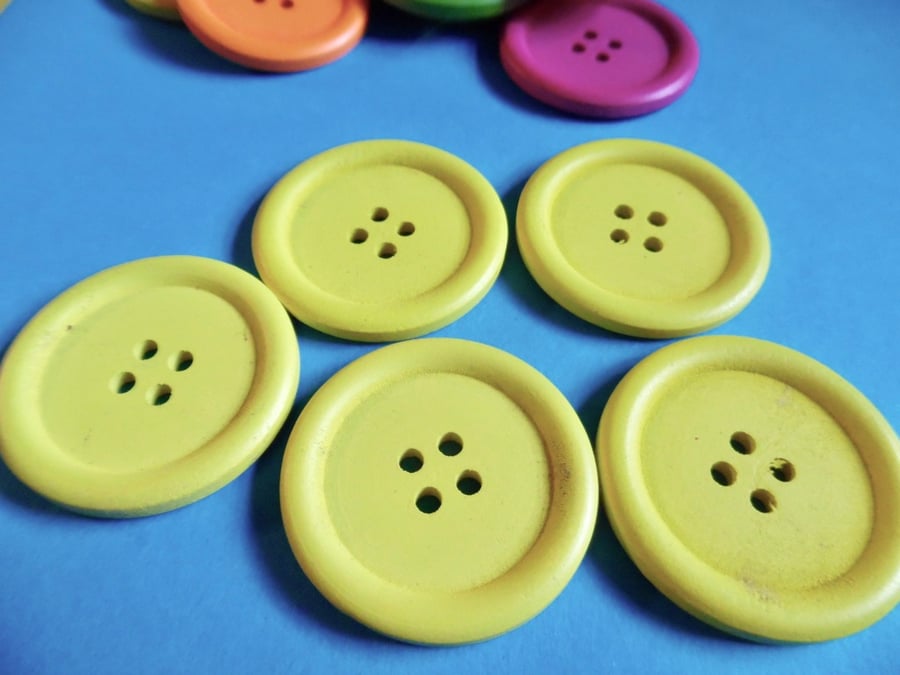 5 x 40mm Bright Yellow  Wood Buttons 4 holes