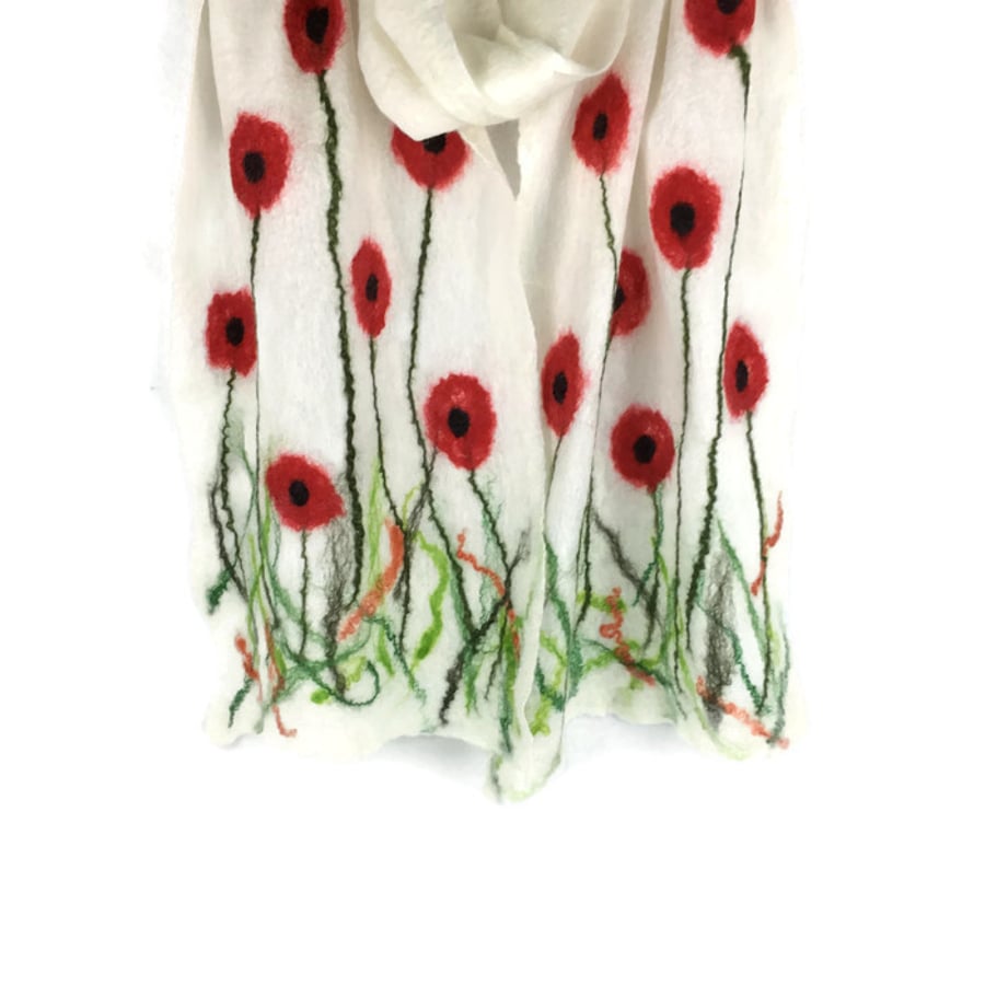 White merino wool poppy scarf nuno felted on silk chiffon