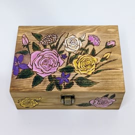 Wooden trinket box or jewellery box with pyrography flowers, gift for her 