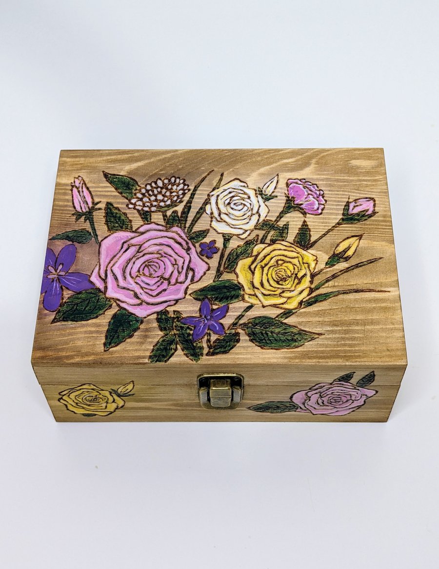 Wooden keepsake box or jewellery box with pyrography flowers, gift for her