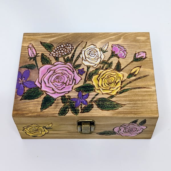 Wooden keepsake box or jewellery box with pyrography flowers, gift for her