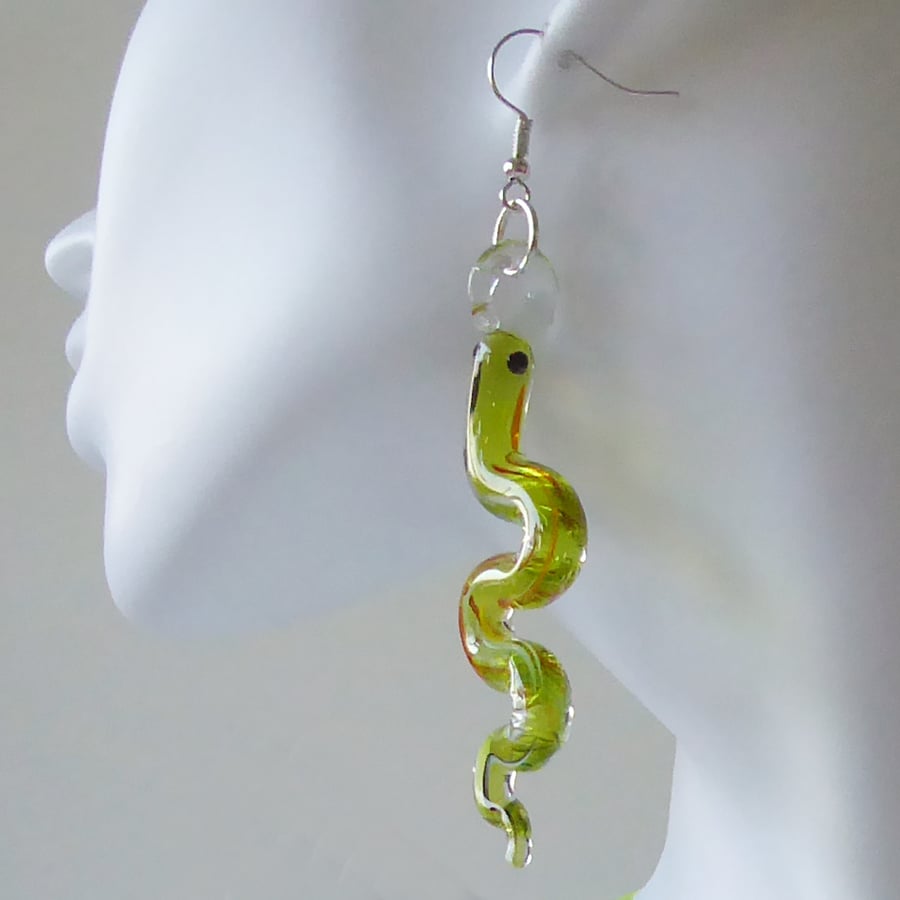 Green Lampwork Glass Snake Earrings