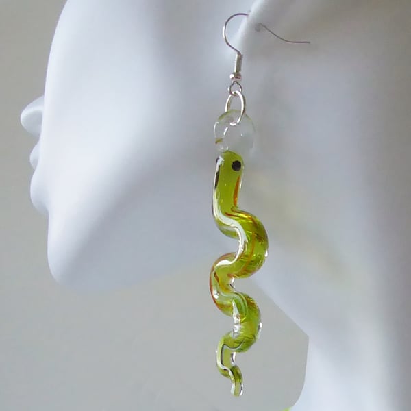 Green Lampwork Glass Snake Earrings