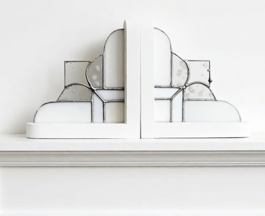 White Snowy Stained Glass Bookends Art Deco Style