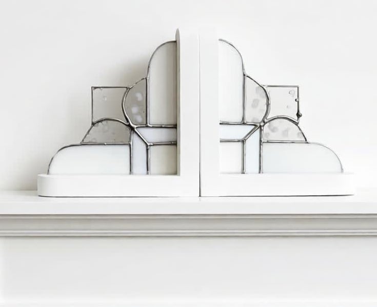 White Snowy Stained Glass Bookends Art Deco Style