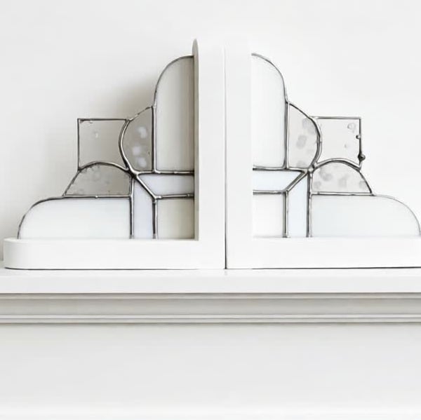 White Snowy Stained Glass Bookends Art Deco Style