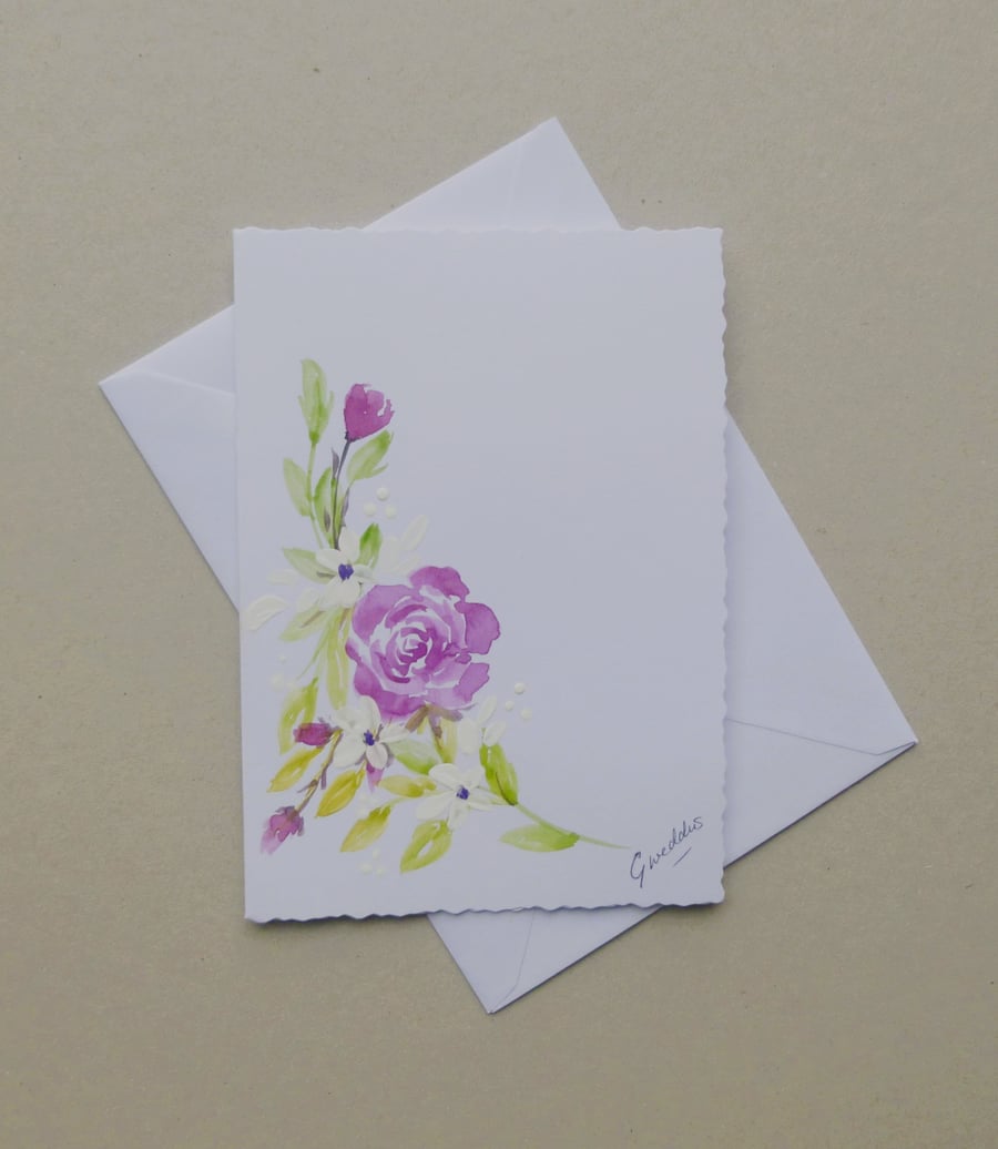 hand painted rose blank greetings card ( ref FA 34 G6  )